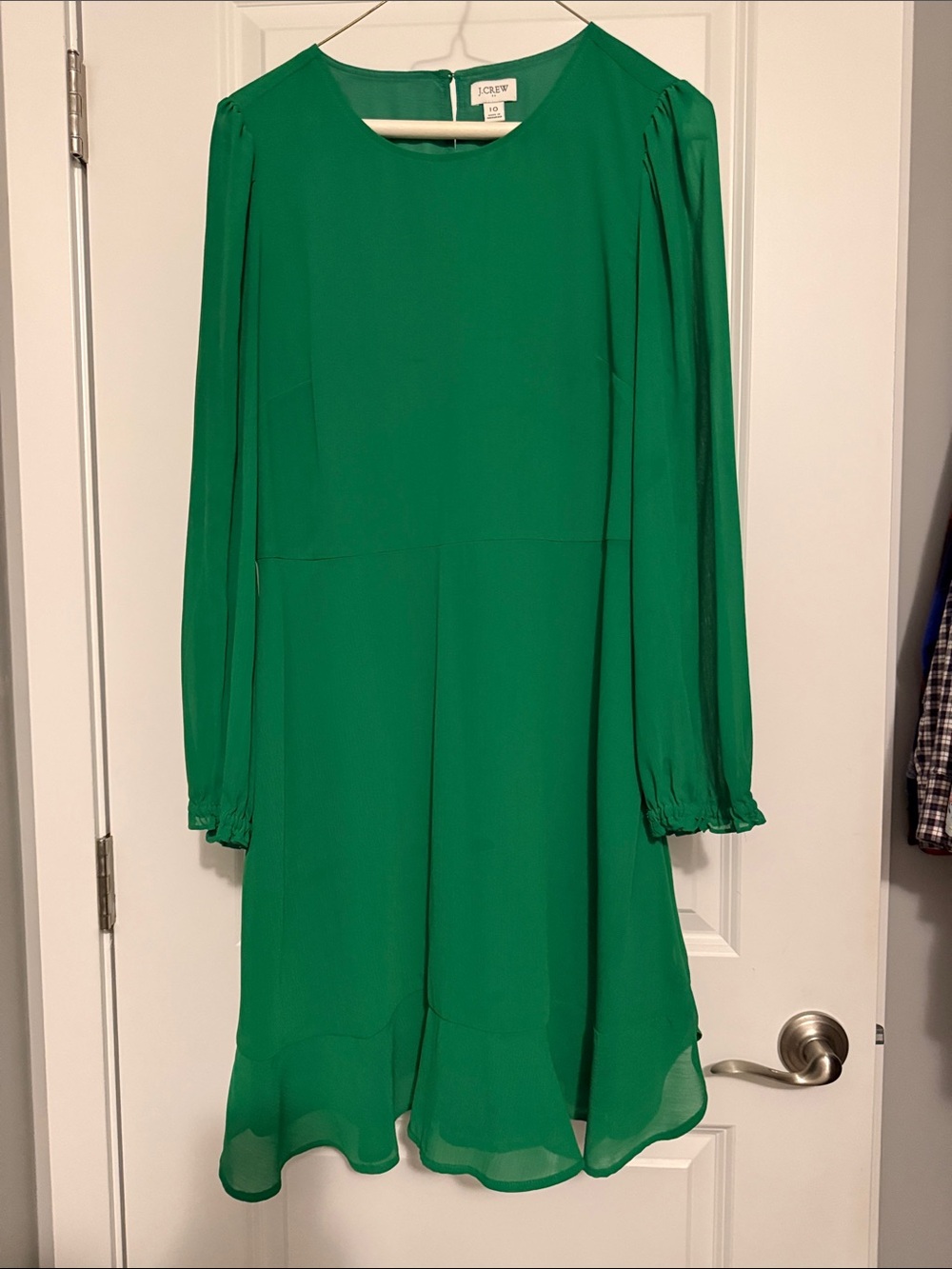 J. Crew Emerald Green Long Sleeve Ruffle-Hem Dress